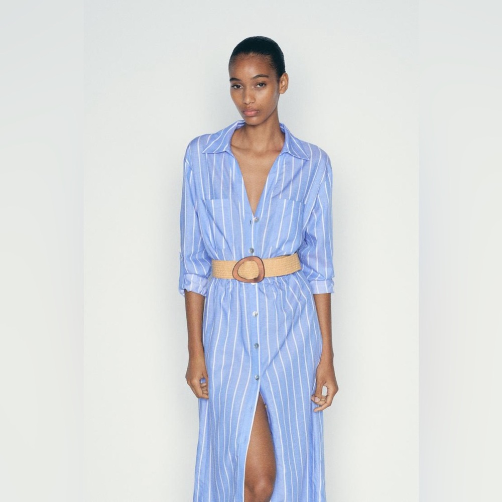 Zara Blue and White Striped Midi Shirt Dress - Picture 4 of 14